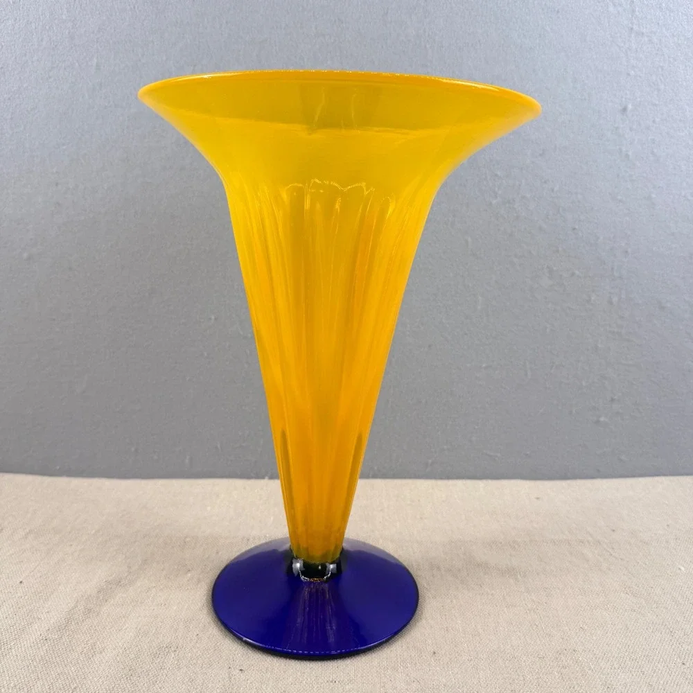 VTG 2001 Signed Richard Blenko Art Glass Trumpet Vase 8721L Yellow Cobalt 11.5